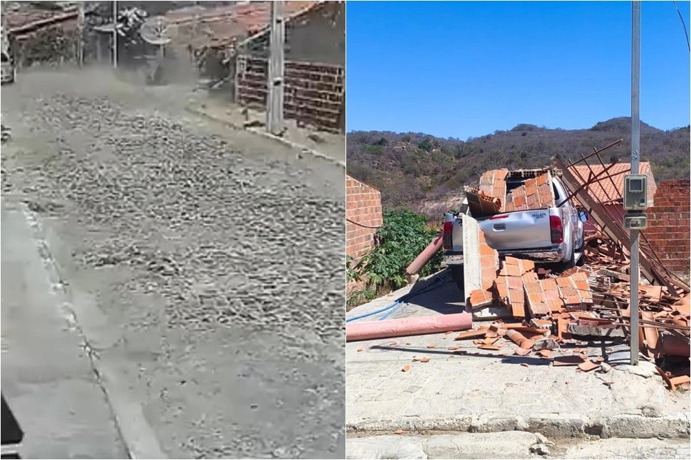 Ventania derruba muro e cobertura de lava-jato sobre Hilux em Pimenteiras